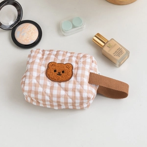 Quilted brown checkered makeup bag with cute teddy bear embroidery and side handle
