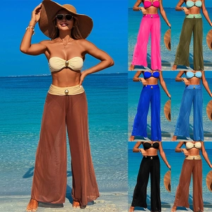 Three-piece bikini set with tube top and sheer wide-leg mesh beach trousers in six colors