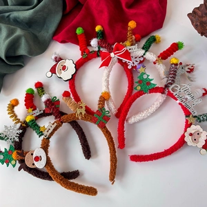 Cute Christmas plush headbands with festive Santa and reindeer designs on white background