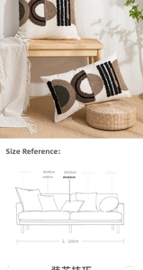 Size chart for tufted geometric pillow covers with various dimensions and sofa layout