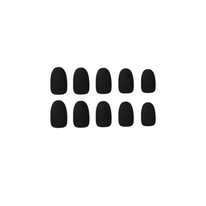 Set of 10 matte black press-on nails with elegant round shape on a white background