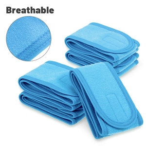 Close-up showing the breathable microfiber texture and velcro of the blue spa headband