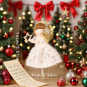 Detail of Christmas angel doll with white lace dress and gold wings for tree decor