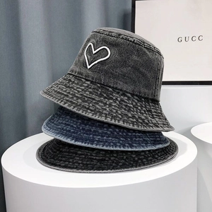 Heart Embroidery Washed Denim Bucket Hat Sun Protection Casual Vintage Streetwear Retro Soft Cotton Sun Hat Unisex