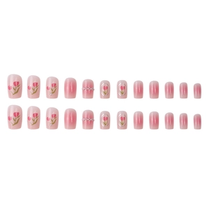Pink gradient press-on nails set with tulip art and pearl accents for women