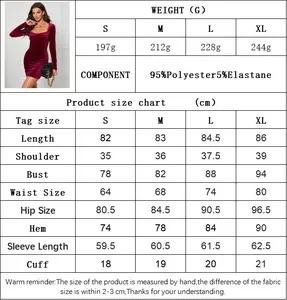 Detailed size guide for square neck velvet dress with bust, waist, and hip measurements
