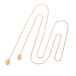 18k gold plated stainless steel long necklace featuring delicate shell pendants on white background