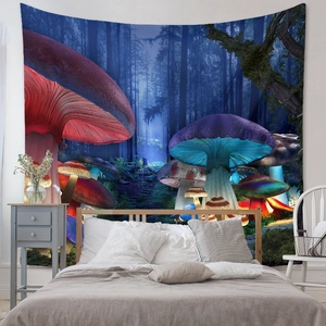 Detail of bohemian mushroom forest tapestry used as a bedroom wall background decor
