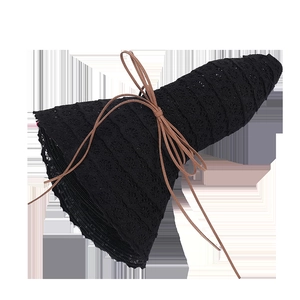 Women's black lace sun hat with foldable design and brown leather tie closure
