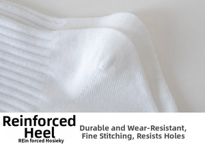Close-up of reinforced heel on white cotton sport socks showing durable stitching details