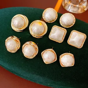 Retro Geometric Round Square Stud Earrings Gold Plated Alloy Textured Cotton Artificial Pearl And Silver Earring Post For Women