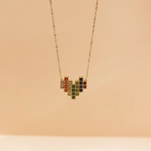 Collier en acier inoxydable or 14K avec pendentif coeur pixel coloré et cristaux