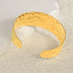 Hammered Texture Cuff Bracelet 304 Stainless Steel 18K Gold Plated Adjustable Wide Open Bangle Minimalist Style