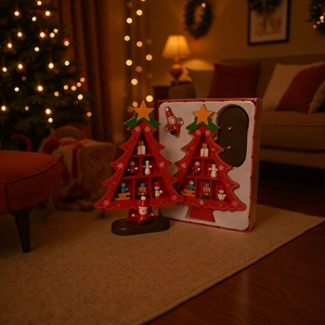 Detail of red wooden Christmas tree figurines with mini snowmen and warm festive lighting