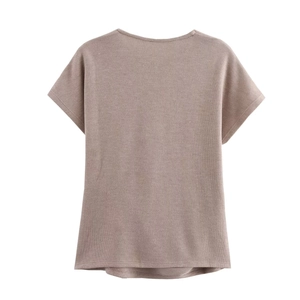 Minimalist taupe ribbed knit t-shirt and midi skirt set back view on white background