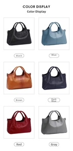 Color display of stylish large PU leather tote bags in black, blue, brown, red, and grey