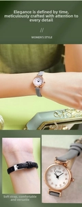 Macro view of a mini rose gold quartz watch with a diamond-studded dial and leather strap