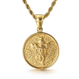 Collier Pendentif Ange Cupidon En Acier Inoxydable Pièce Ronde Gaufrée Bijoux Vintage Hip Hop Pour Hommes Femmes