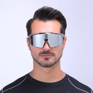 Silver mirrored cycling sunglasses with oversized grey matte frame for outdoor sports