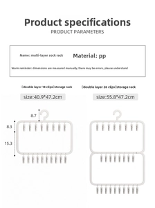 Detailed size chart for multi-layer PP material drying rack with 18 or 26 clips