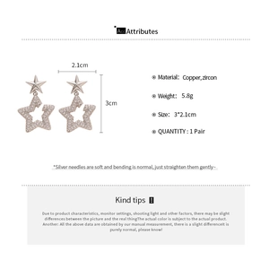 Detailed specifications of silver star earrings with copper and zircon measurements
