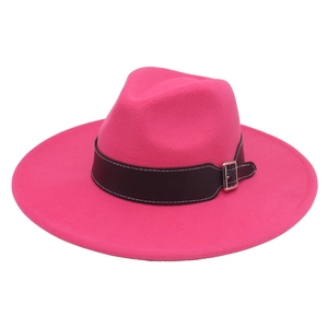Classic rose red wool felt fedora hat featuring a wide brim and black leather belt buckle