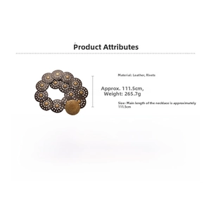 Detail view of ethnic rivet waist chain with leather discs and measurement specs