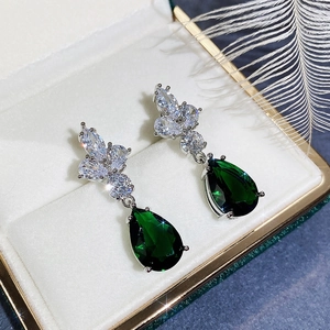 Exquisite silver-tone emerald green teardrop earrings with AAA cubic zirconia in a gift box