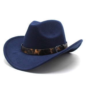 Dark blue wool cowboy hat featuring a trendy leopard print band and silver metal buckle