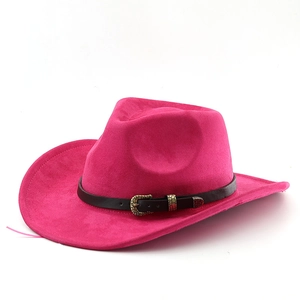 Detail of fuchsia suede western cowboy hat featuring a brown leather band and metal buckle