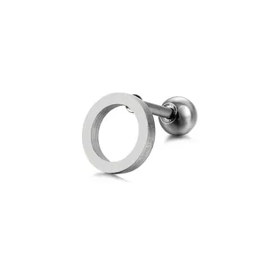 Close-up of minimalist stainless steel stud earring with hollow ring and screw ball back