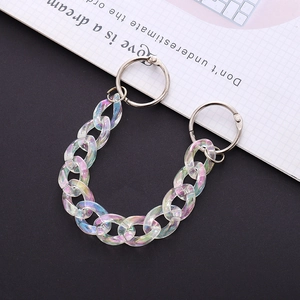 Iridescent acrylic chain accessory for clogs with silver rings in a macro detail view