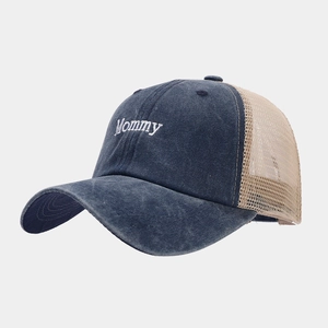 Detail of Mommy embroidery on vintage washed denim and breathable mesh baseball cap