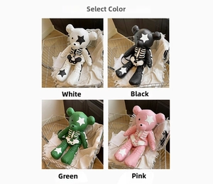 Detailed view of gothic bear-shaped backpacks in white, black, green and pink PU leather