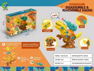 Detail showing the DIY assembly steps and movable joints of the Tyrannosaurus toy