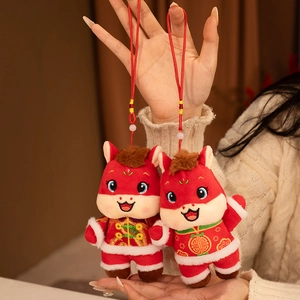 Pair of red Year of the Horse plush pendants with traditional Chinese outfits