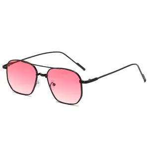 Black metal polygon sunglasses with pink gradient lenses and vintage double bridge design