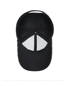 Detailed interior of a black cotton baseball cap showing SPORT branded seams and rivets