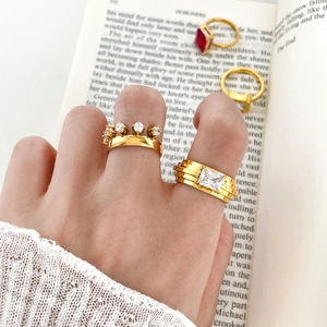 Elegant 18K gold plated titanium ring set with rectangular zircon and crown design