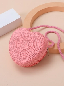 Pink heart-shaped woven straw crossbody bag for kids and girls with zipper closure