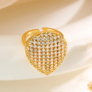 18K gold plated open ring with pear shaped drop design paved in white zircon
