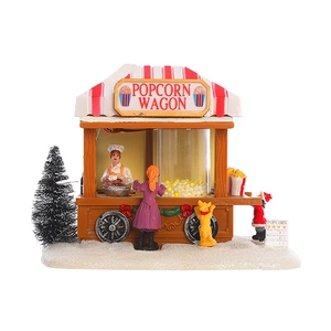 Luminous Christmas popcorn wagon with music and snow scene, festive tabletop decor