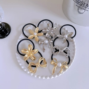 Elegant metal bow hair ties with floral pearl accents and high elasticity bands
