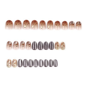 32pcs set of leopard print and grey cat eye press-on nails with rhinestone accents