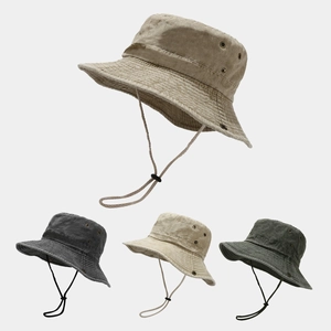 Washed Cotton Canvas Bucket Hat Outdoor Sun Protection Wide Brim Fishing Safari Cap With Adjustable Windproof Rope