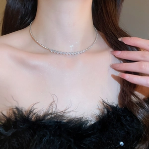 Close-up of elegant silver necklace with dense diamond inlay worn by a model