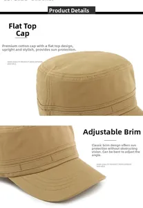 Detalle de gorra militar de algodón caqui con estructura superior plana y visera curva