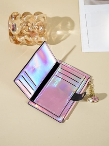 Pink laser ultra-thin wallet with card slots and a pearl flower charm decoration