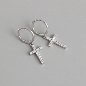 Elegant S925 sterling silver hoop earrings featuring white zircon cross pendants