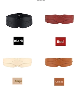 Detailed grid view of wide elastic belts in black, red, beige and camel colors